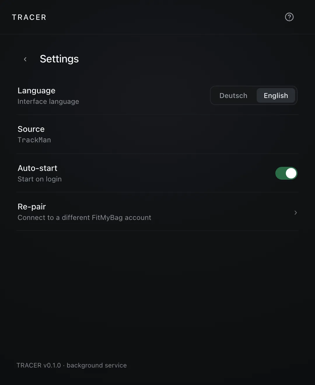 Settings: language, auto-start, re-pair